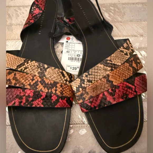 Zara Trafaluc Three Strap Flat Sandals in Python Snake Size 10 NWT - Picture 7 of 10